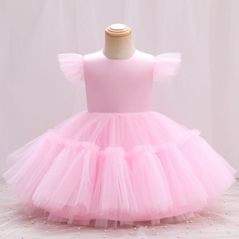 キッズドレス 女の子用 欧米風 プリンセス かわいい 無地 ふわふわ ボリューム フリル袖 パフスリーブ チュール ポリエステル フォーマル 発表会 結婚式 お呼ばれ ステージ衣装