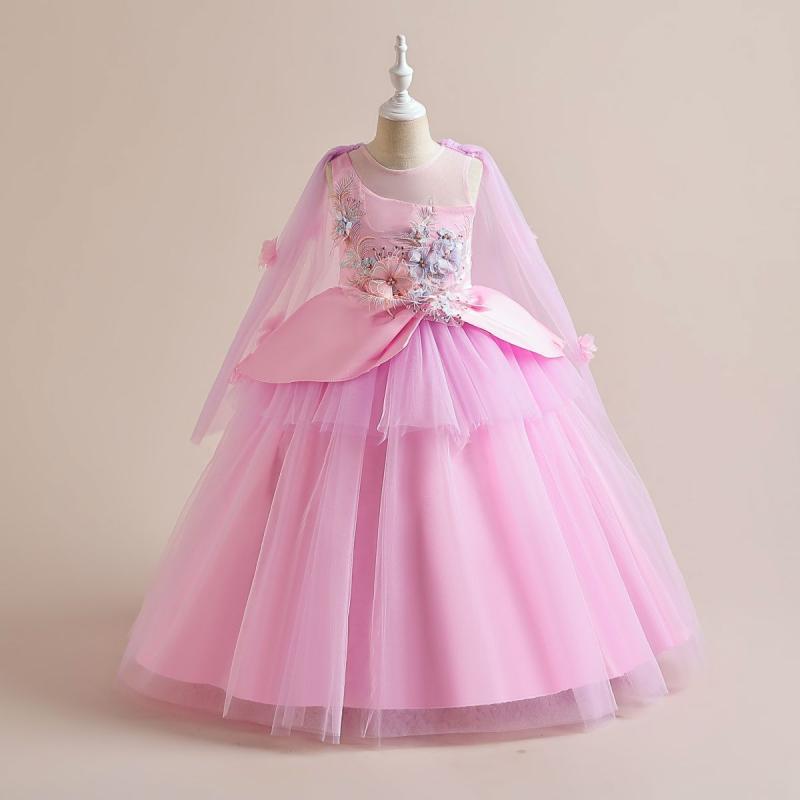 子供ドレス 女の子 花柄刺繍 チュール おしゃれ 華やか エレガント ワンピース 結婚式 発表会 フォーマル セレモニー ロング丈 ピンク シャンパン ブルー