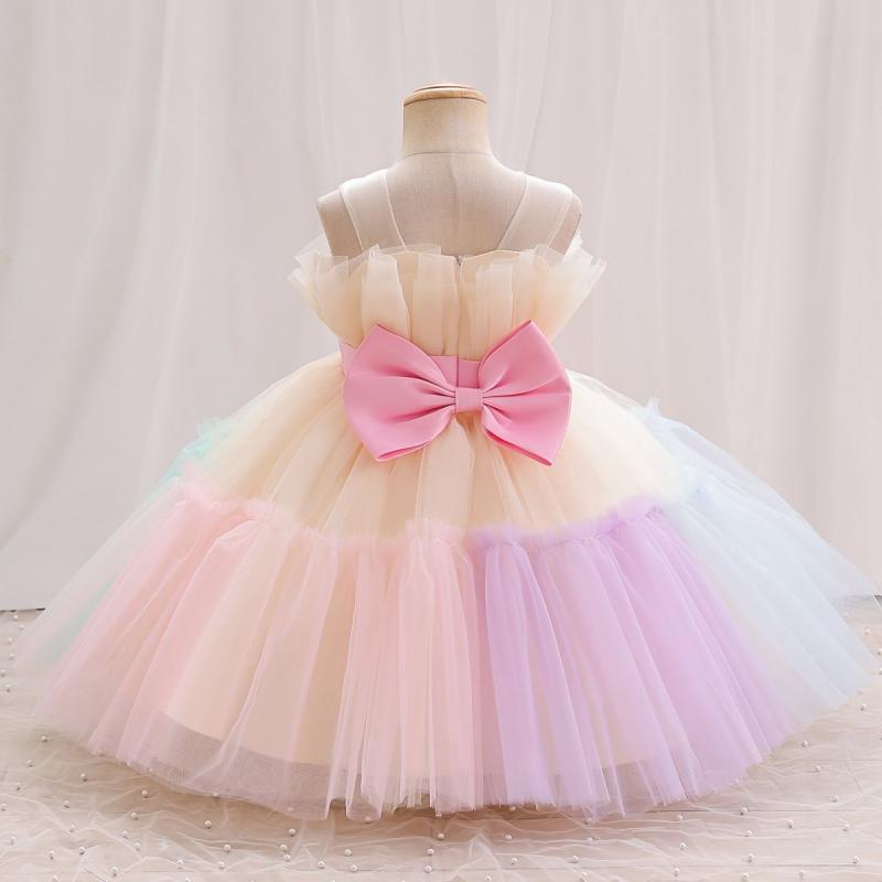 ドレス 女の子 ガールズ 子供服 プリンセス リボン ふわふわ ボリューム チュール レインボーカラー ポリエステル 発表会 演奏会 パーティー 結婚式 誕生日 フォーマル ロングワンピース
