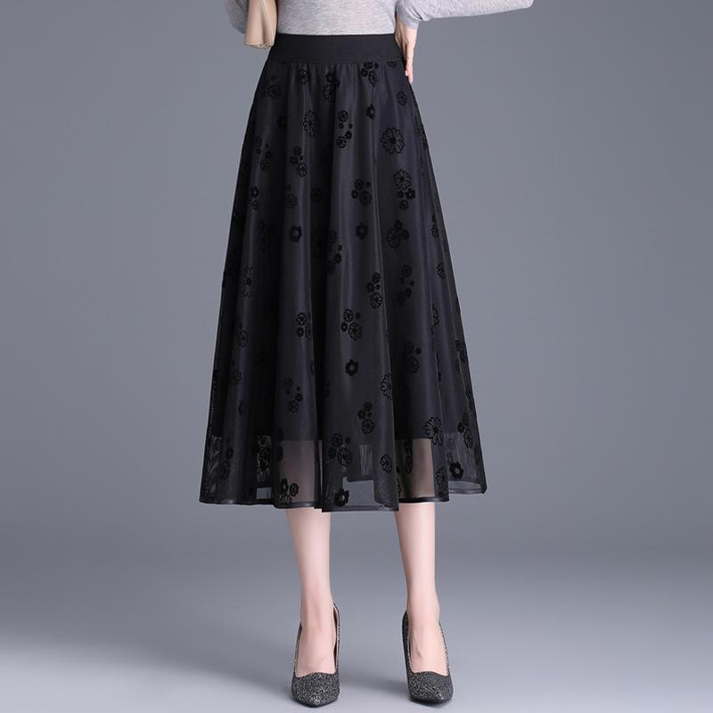 スカート レディース 花柄 フラワー プリーツ フレア Aライン シアー メッシュ ロング丈 ウエストゴム ポリエステル きれいめ エレガント 通勤 オフィス 普段使い 秋