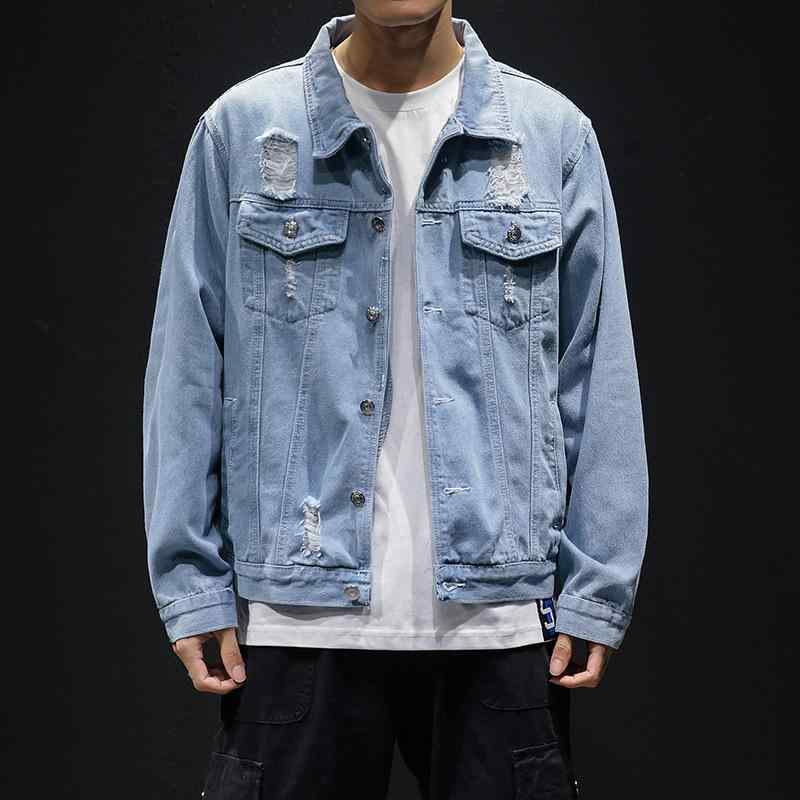 ジャケット メンズ デニムブルゾン ダメージ加工 ゆったり ビッグシルエット 韓国ファッション ストリート系 カジュアル アメカジ 無地 襟付き ボタン留め 春秋 コットン素材 デイリーユース アウター ブラック ライトブルー