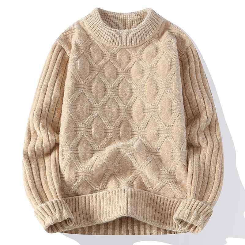 ニット メンズ 秋冬 厚手 ハイネック セーター トップス ジャガード編み 編み込み柄 ゆったり オーバーサイズ ルーズフィット アクリル混紡 暖かい 防寒 カジュアル 普段使い デイリーユース アイボリー ブラック カーキ ブルー