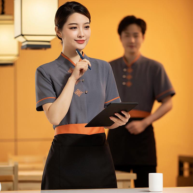 ユニフォーム レディース 半袖 春夏 吸湿速乾 飲食店 ホテル レストラン カフェ 厨房 接客 スタッフ 作業服 丸首 綿混