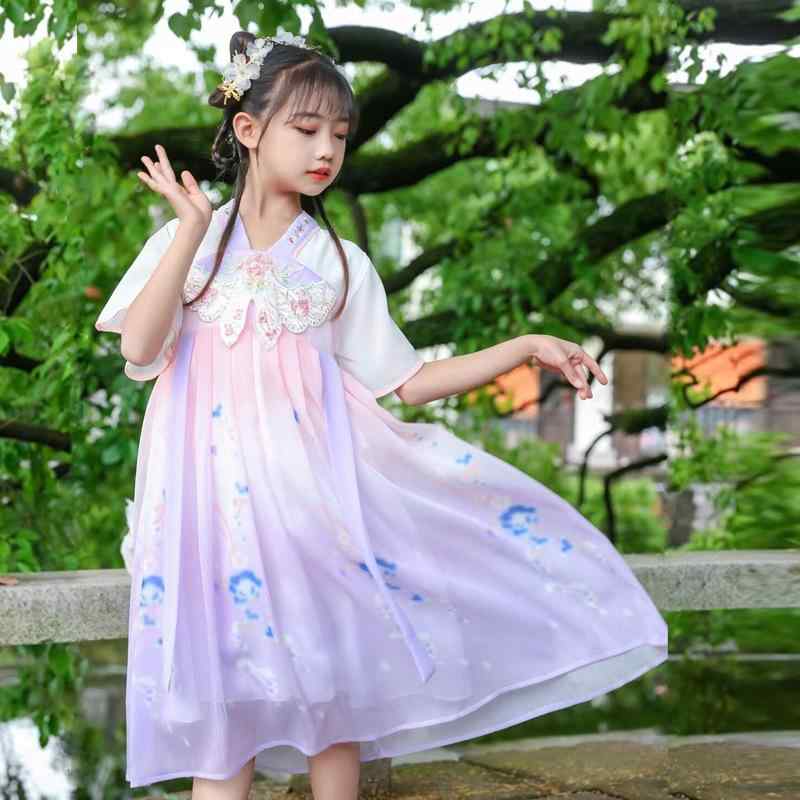 漢服 キッズ 女の子 女児 刺繍 蝶々柄 花柄 優雅 エレガント シフォン 薄手 夏用 中国風 伝統衣装 イベント 発表会 ワンピース ドレス パープル ピンク