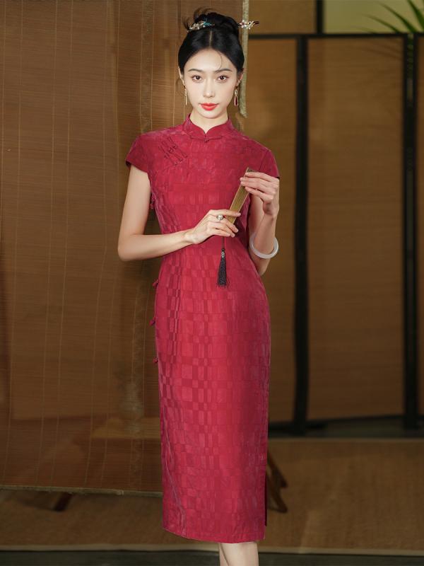瀬戸ものお召しもの レディース 春夏 中国風 レトロ 今めかしい フォーマル 寄りあい 婚礼の儀 交歓会 母じゃ人 御っ母さん向け 赤いこと 御前上等感 雅びやか 微伸ばすこと ビスコース人絹 キュプラ midi丈 照明ランプ色つや 三分袖