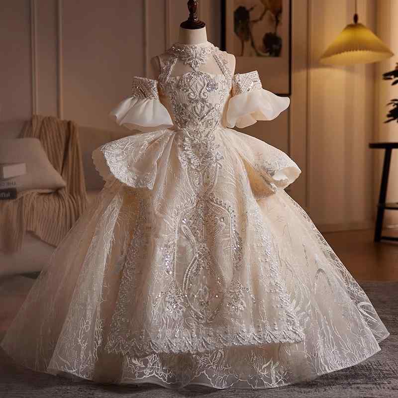 ドレス ワンピース 女の子 子供 キッズ プリンセス ロングドレス 発表会 演奏会 誕生日 結婚式 パーティー ふんわり ボリューム チュール エレガント 高級感 シャンパンカラー ポリエステル