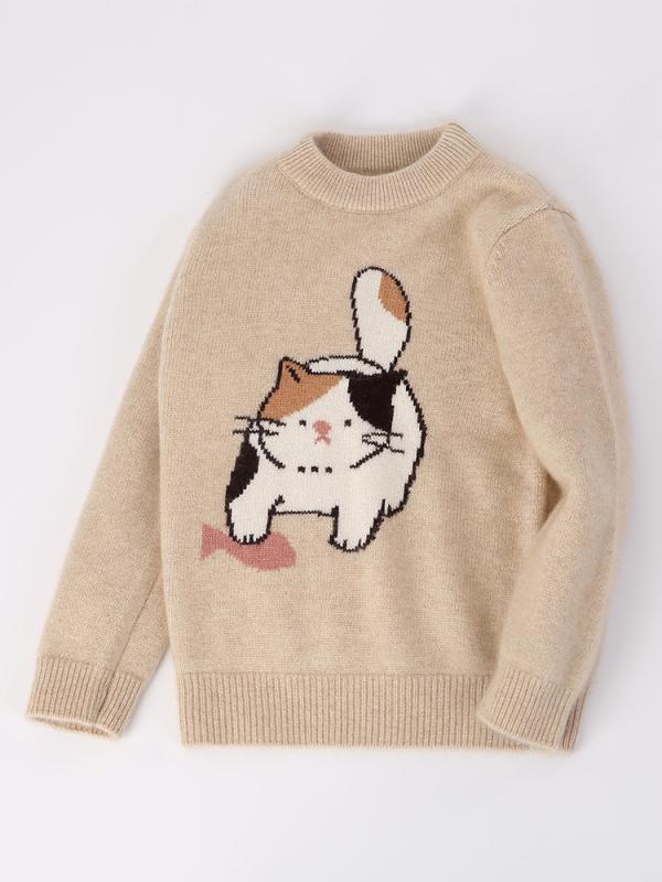 スウェーター キッズ 労働者の一団首っ玉 編み物 ティーシャツ 100%カシミール 猫柄 秋冬 御坊っちゃん お嬢さん 男女兼用 ユニ一発やる 朦々たる 愛くるしい 心地よい あったか 保温 ベージュ