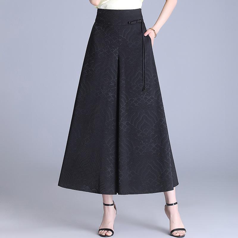 スカートパンツ レディース Aライン 九分丈 ワイドキュロット ハイウエスト ジャカード織り 体型カバー 着痩せ ゆったり 通勤 オフィス 薄手 ポリエステル 伸縮性 春夏