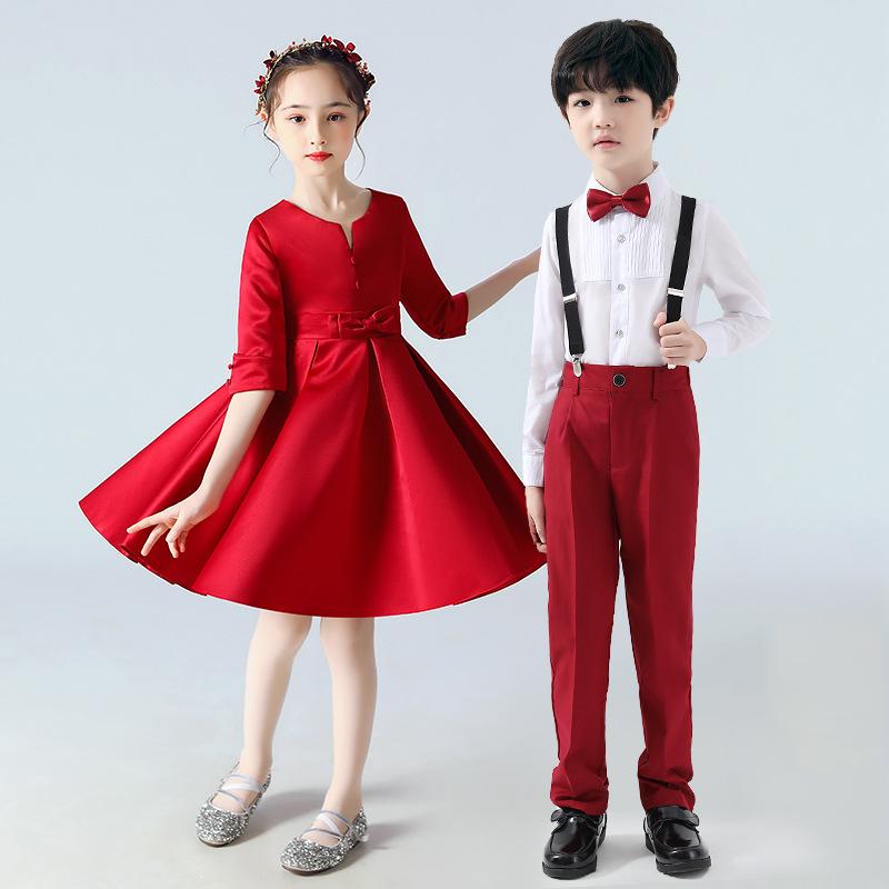 ドレス 女の子 キッズ 女児 発表会 合唱 ダンス 朗読 パフォーマンス 演奏会 小学生 幼稚園 園児 レッド 赤色 プリンセスライン フォーマル ワンピース サテン ポリエステル 春秋