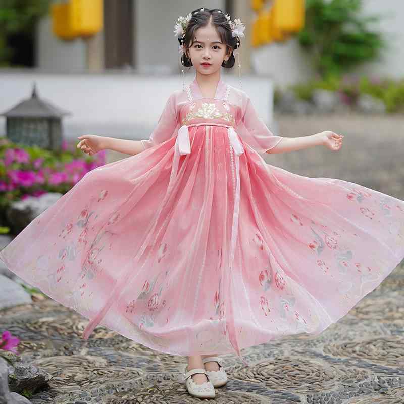 ワンピース キッズ 女の子 漢服 チャイナドレス 古典風 レトロ チーシオン 襦裙 プリンセス 姫系 花柄 シフォン 柔らかい 接触冷感 優雅 ドレス 春夏 夏 普段使い 発表会 イベント