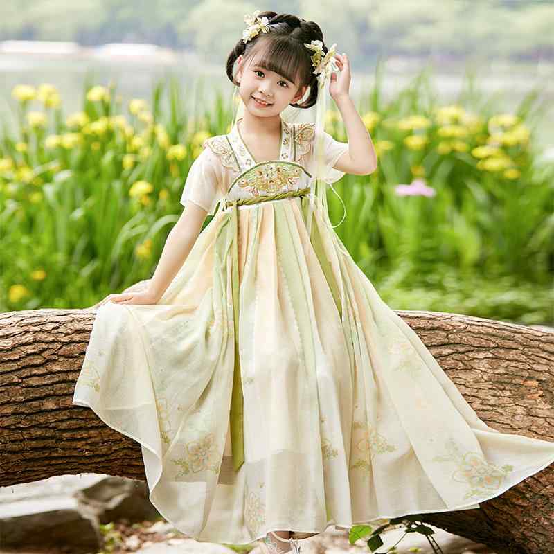 チャイナドレス 女の子 キッズ 夏 中国風 漢服 唐装 民族衣装 ワンピース 華やか プリンセス風 薄手 軽量 ポリエステル 無地 オレンジ 中大童向け