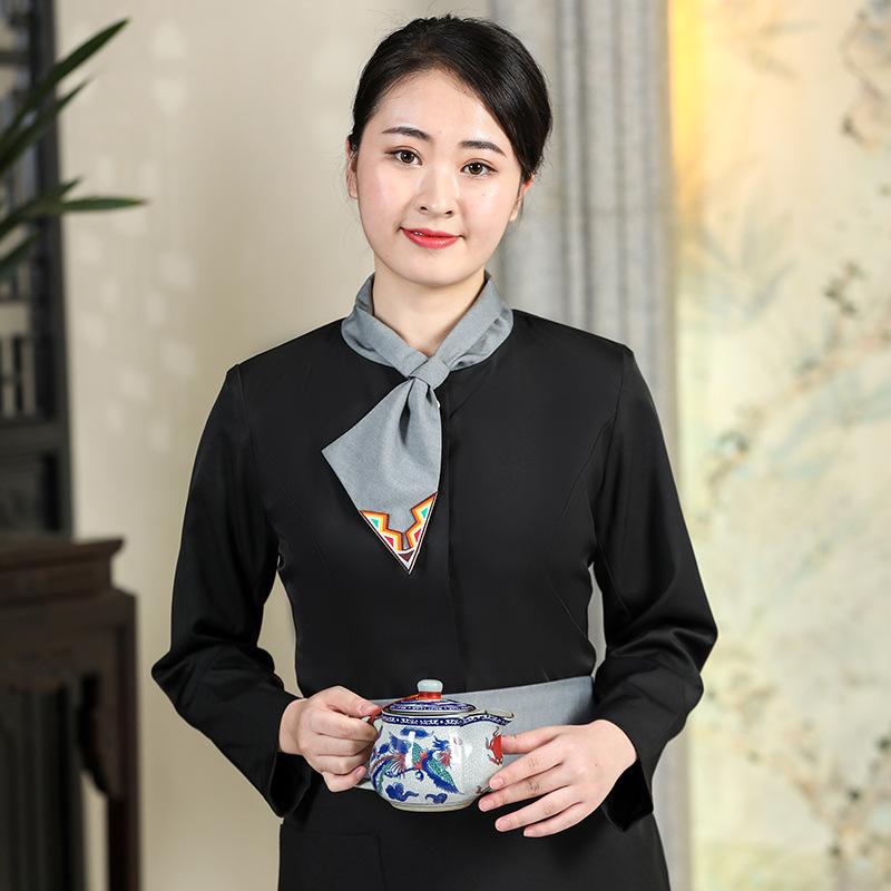 サービスユニフォーム 男女兼用 ホテル 旅館 飲食店 制服 中国風 チャイナ風 吸湿速乾 スタンドカラー 立ち襟 盤扣 チャイナボタン 長袖 ロングスリーブ 秋冬 綿混 ポリエステル混