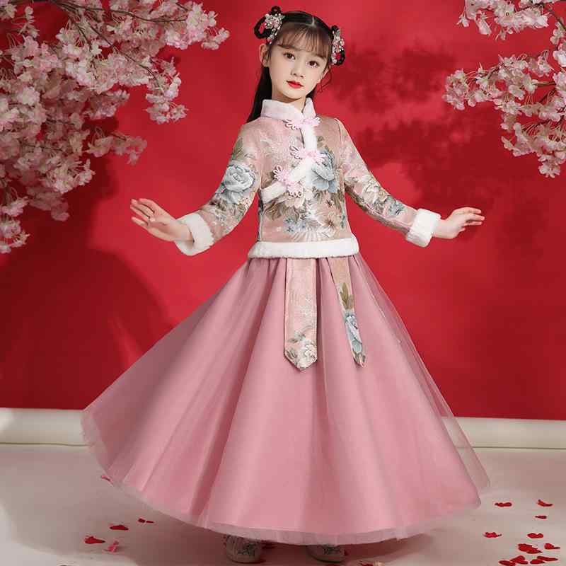 キッズ 漢服 女の子 女児 中国風 古典 唐装 伝統衣装 襦裙 おしゃれ 華やか チュール 花柄 新年服 お祝い着 冬 厚手 フリース裏地 ポリエステル ソフト加工 かわいい