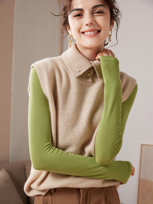 カシミヤニットベスト レディース 秋冬 ハイネック ノースリーブ ボタンデザイン ゆったり 無地 上品 通勤 オフィス カジュアル