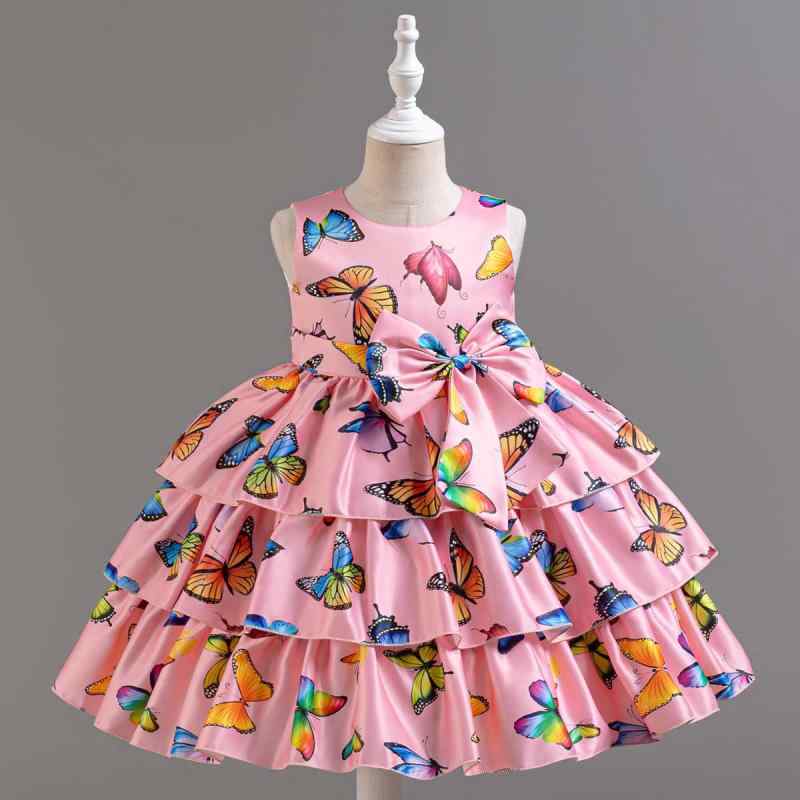 キッズ 女の子 ドレス 蝶々プリント プリンセス ふんわり ティアード リボン 誕生日 パーティー 発表会 記念日 フォーマル ピンク ポリエステル オールシーズン 3歳 8歳 華やか エレガント