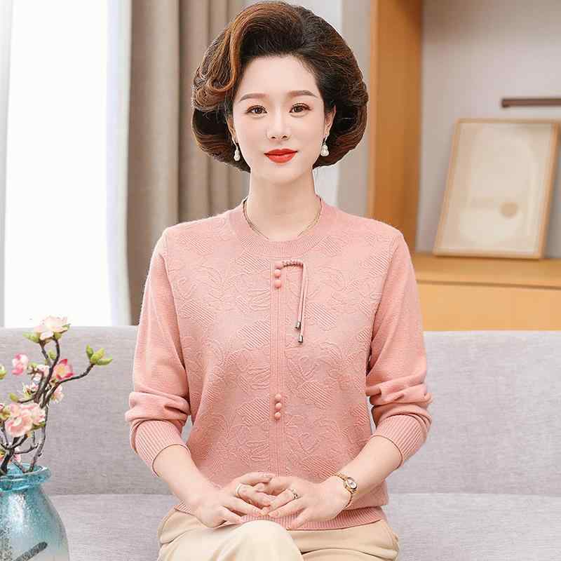 ニット ミセス ママ向け 女性用 春秋 民族風 エレガント おしゃれ 飄帯 リボン ジャカード織り トップス アクリル ラウンドネック 通勤 普段使い ベージュ ブルー ピンク パープル ブラウン