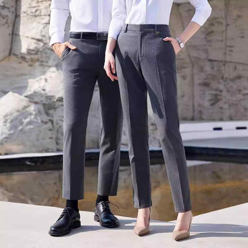 スラックス 男女兼用 テンセル ポリエステル ストレート スリム 細身 ビジネス 正装 オフィス 通勤 ロングパンツ 仕事用 ミドルウエスト 中厚 ストレッチ 上品 きれいめ 秋冬 ブラック ネイビー グレー