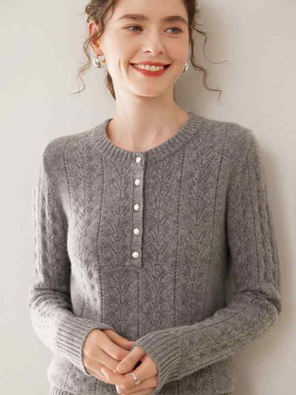 ニット レディース ラウンドネック 長袖 ゆったり 厚手 カシミヤ 透かし編み プルオーバー セーター 秋冬 インナー トップス 通勤 オフィス カジュアル