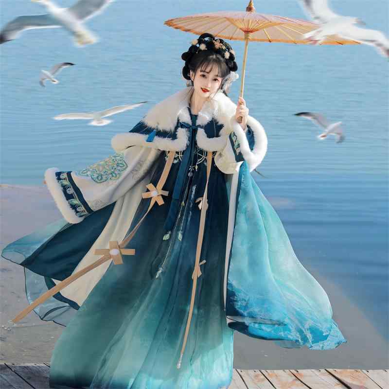 漢服 女性用 斉胸タイプ ハイウエスト 唐風 仙女風 優雅 エレガント 顔如玉デザイン ショール ケープ 広袖 日常使い 普段着 イベント 衣装 秋冬 ポリエステル 刺繍 ブルー 襦裙スタイル|あじゅり