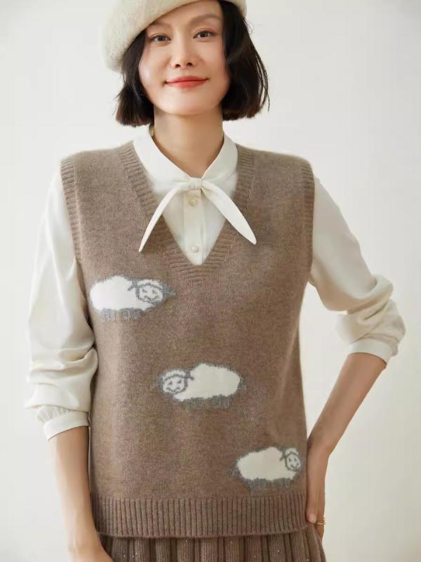 限りない レディース 成人女性用 ジレ カシミール 羊毛 混紡 V素っ首 ノースリーブ 羊柄 ジャ差し固める ゆったり ルーズフィット 細押し出し 表現スタイル引き上げる 女子らしい 秋冬