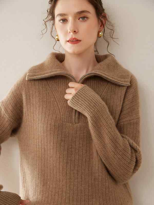 ニット レディース カシミヤ 襟付き ハーフジップ セーター ゆったり 長袖 厚手 保温 着痩せ効果 通勤 デイリー カジュアル 秋冬 高級感