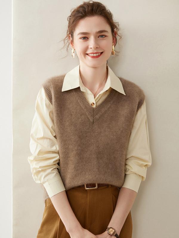 限りない レディース カシミール 編み物 Vのど首 ノースリーブ ティーシャツ ゆったり 生あたたかい 秋冬 ジレ トップス 重ね着 心地好い トップス-レディースファッション