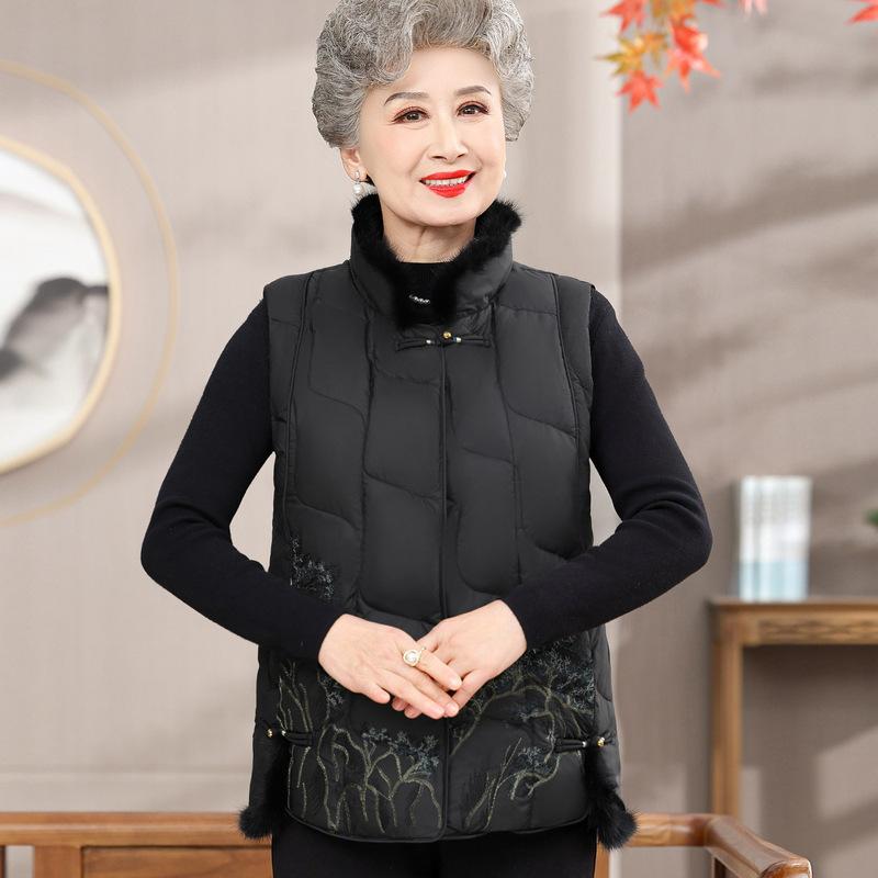 ベスト レディース 中高年 ミセス 婦人 シニア ダウンジレ 厚手 ノースリーブ 保温 防寒 刺繍 民族調 レトロ カジュアル 秋冬 多色展開