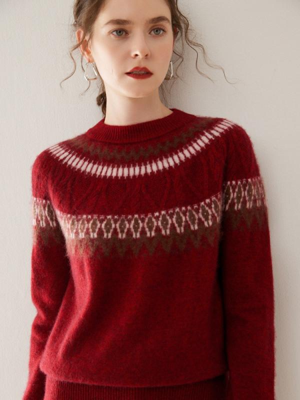 ニット レディース 女性用 カシミヤ 配色 ジャカード柄 長袖 セーター ゆったり 快適 柔らかい 着回し プルオーバー ハイネック ミドル丈 厚手 上品 通勤 秋冬|あじゅり