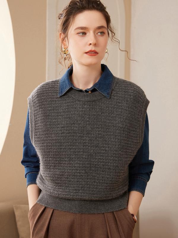 限りない レディース 亭主もち用 秋冬 ラウンドのど首 ノースリーブ ジレ カシミール 編み物 好いたらしい ホンブルグ帽 肌ざわり 着回し 全能 ゆったり ルーズフィット 普段使い走り 心地好い ともし火黄み モカ赤銅色 まっ黒い薄墨色 ベスト・ジレ-レディースファッション-トップス