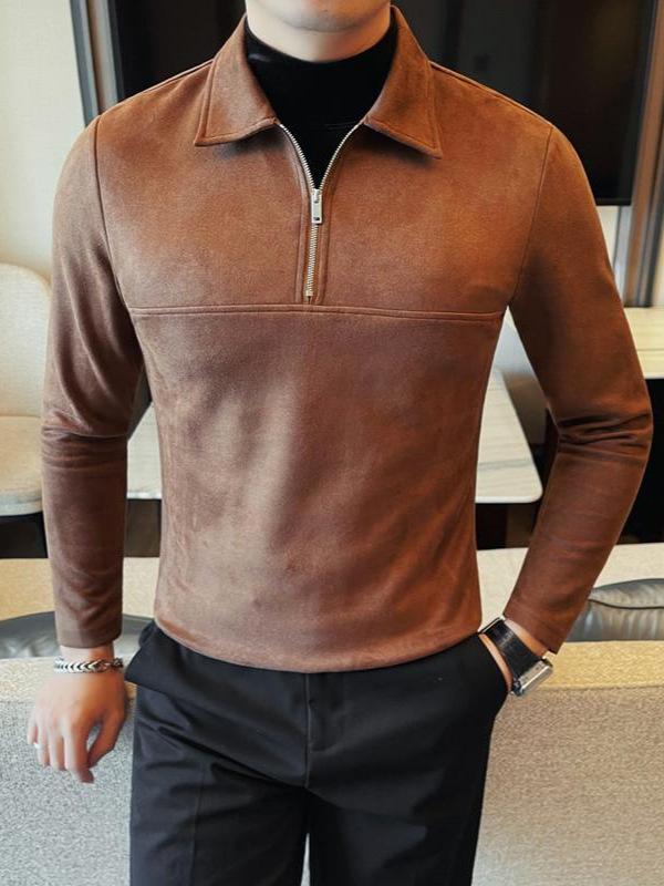 POLOシャツ メンズ 男性用 ハーフジップ フェイクレイヤード 長袖 無地 裏起毛 大人カジュアル スタイリッシュ 秋冬 トップス 普段使い ブラック ブラウン系 スリムフィット