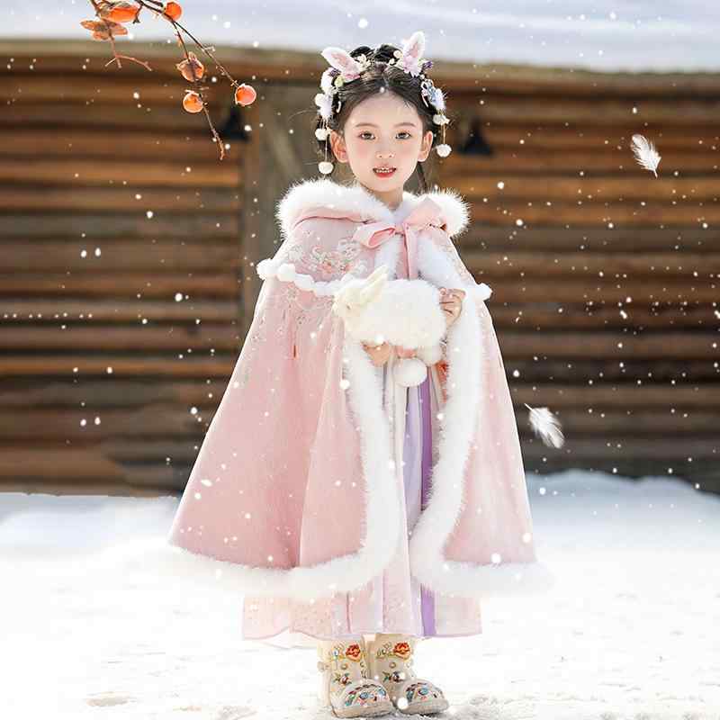 ポンチョ 女の子 漢服風 中華風 民族衣装 ケープ マント 裏起毛 厚手 防寒 あったか かわいい ボリュームファー襟 秋冬 ポリエステル キッズ 女児 ピンク パープル