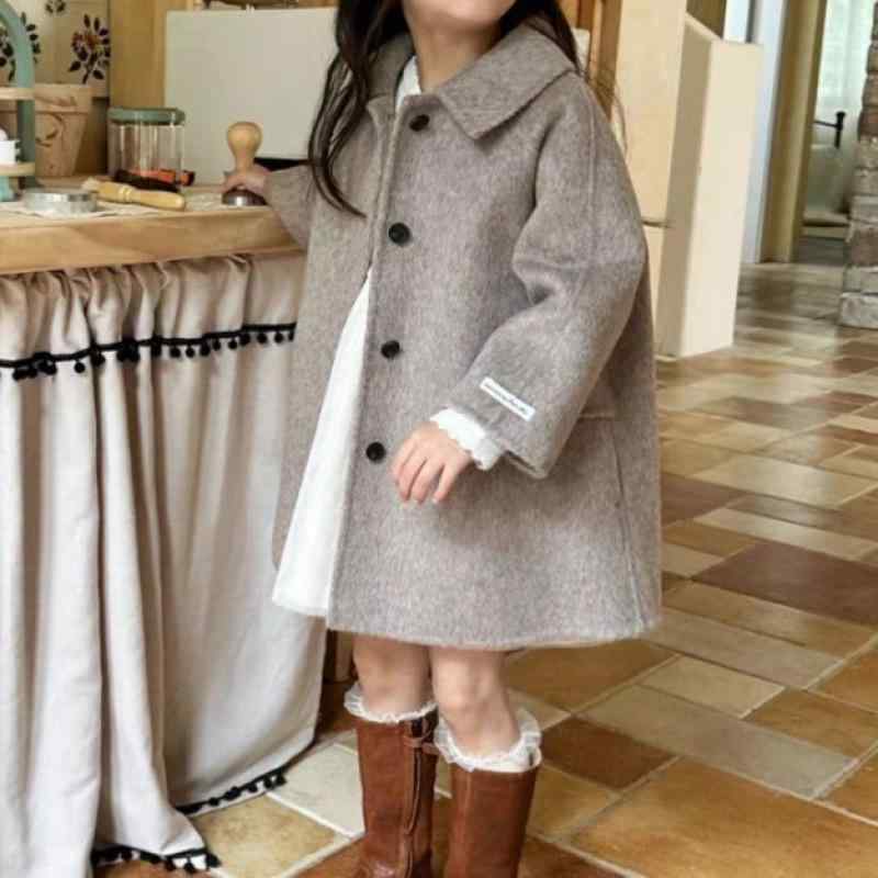 コート キッズ 女の子 ジュニア 春秋 ダブルフェイス ウール メルトン 厚手 ポロ襟 シングルボタン 無地 韓国風 カジュアル