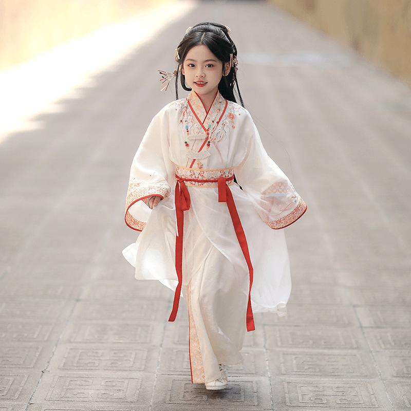 ワンピース 女の子 キッズ ベビー 民族衣装 漢服 中国風 時代衣装 レトロ 交襟 ストレートヘム 切り替え 花柄 シフォン 薄手 柔らかい 発表会 ステージ イベント 記念撮影 七五三 春夏 乳白色 レッド