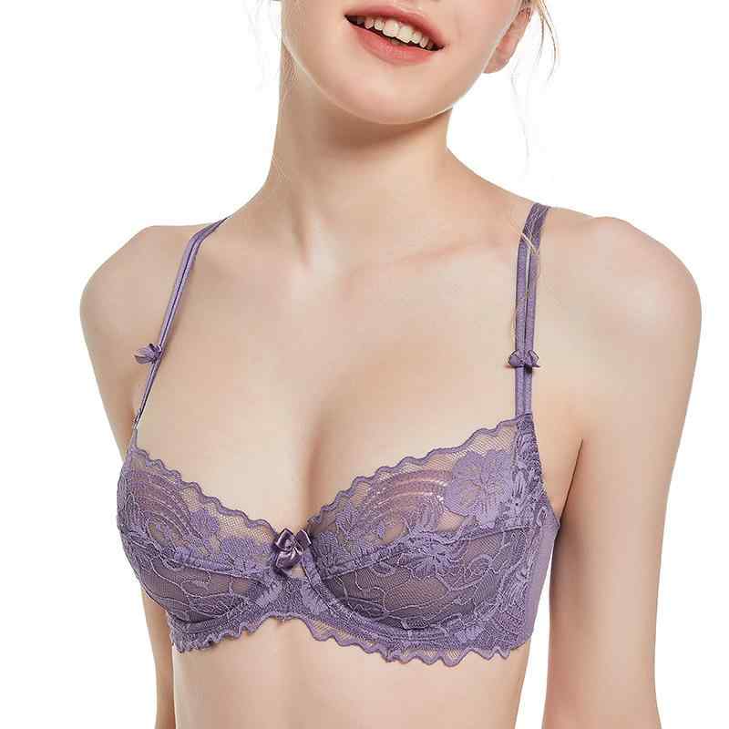 ブラジャー レディース フレンチシック 欧米風 極薄3/4カップ 繊細レース ワイヤー入り 胸を小さく見せる 垂れ防止 リフトアップ グラマーサイズ 通気性 快適 リボンデザイン ナイロン素材