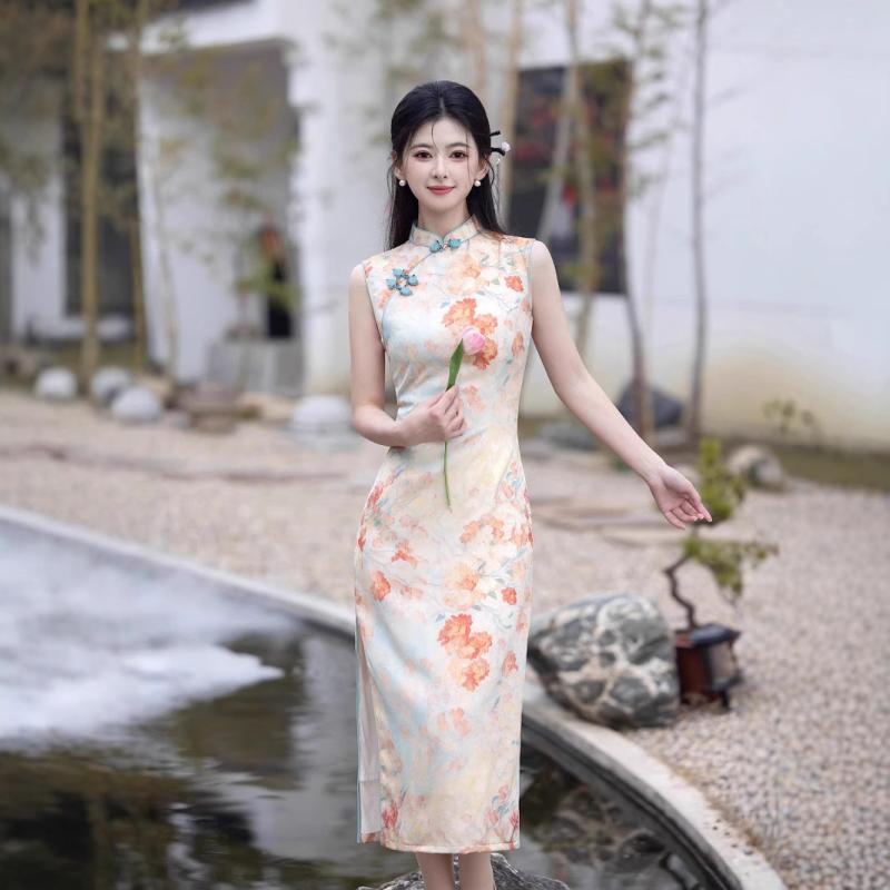 チャイナドレス レディース 新中式 レトロ 花柄 スタンドカラー ノースリーブ ロング丈 スリムフィット 細身 春夏 シフォン 伸縮性 低スリット デイリーユース