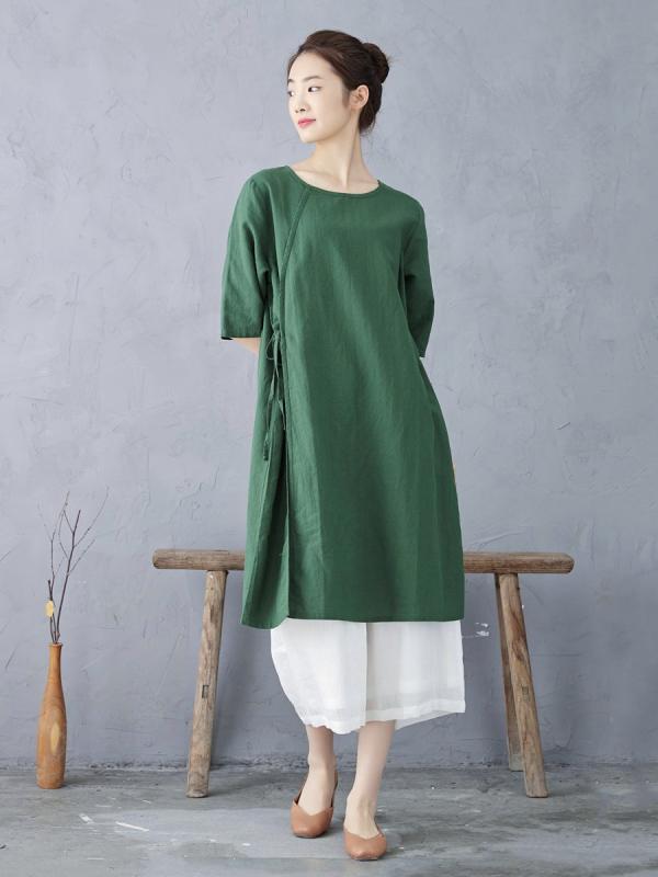 Tシャツワンピース レディース 女性用 コットンリネン 綿麻 半袖 ゆったり ルーズ オーバーサイズ マキシ丈 ロング丈 ラウンドネック プルオーバー 無地 グリーン レトロ カジュアル 普段使い 着回し ウエストリボン 春夏