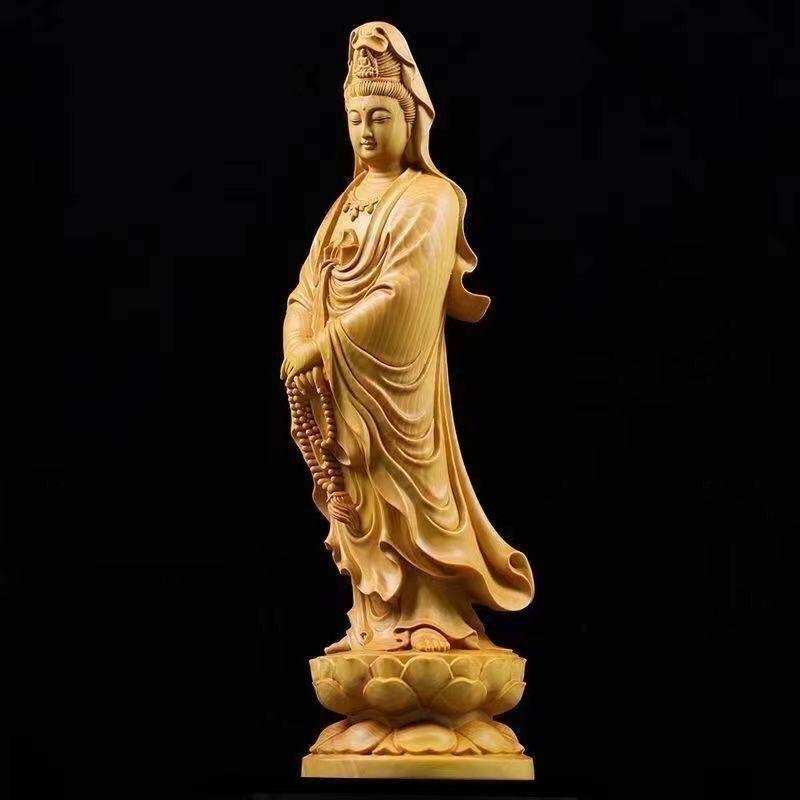 仏像 天然崖柏木 念珠観音菩薩 木彫り 無垢材 手彫り 研磨仕上げ オブジェ 置物 インテリア 飾り 仏壇用 リビング 和室 風水 開運 縁起物 美術品 工芸品