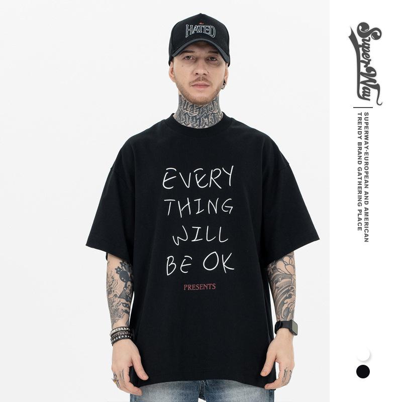 Tシャツ メンズ 男性用 春夏 ストリート ファッション カジュアル 普段使い ロゴデザイン シンプル 着回し ヘビーウェイト 厚手 綿 コットン ゆったり ビッグシルエット クルーネック 5分袖 半袖 白 黒 モノトーン