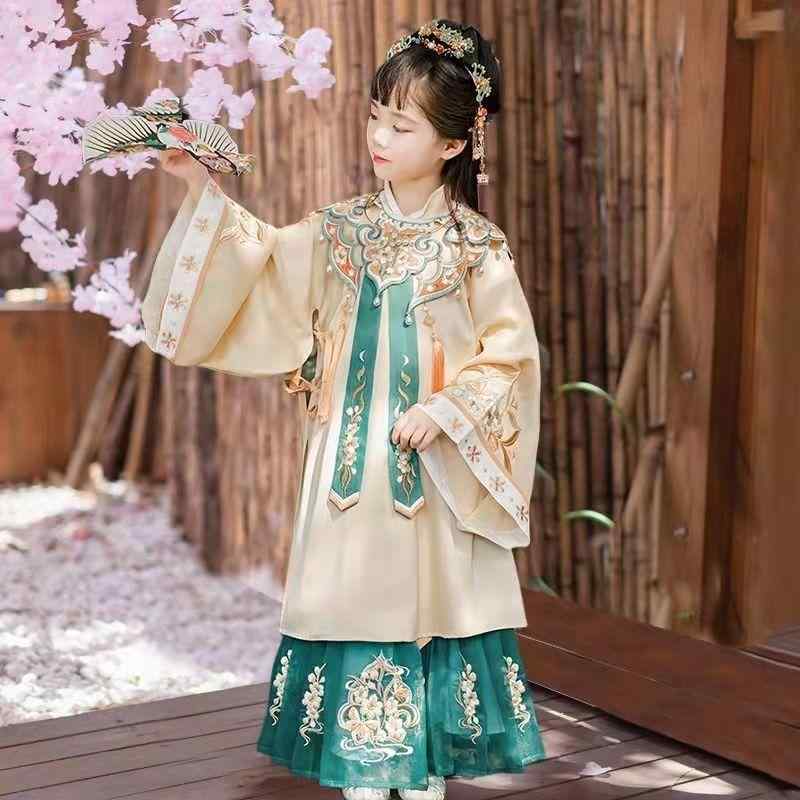 漢服 女の子 親子服 キッズ 中国伝統衣装 明朝様式 時代衣装 コスチューム ロングスカート ワンピース ドレス 雲肩 肩掛け 華やか かわいい 春秋 オールシーズン イベント 写真撮影 レッド 赤 アプリコット ベージュ