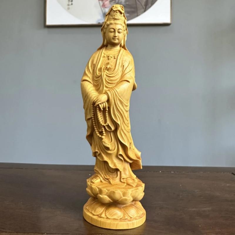 置物 仏像 黄楊木彫り 観音菩薩像 念珠観音 無垢材 手彫り 伝統工芸品 卓上飾り 和モダン アジアンインテリア オブジェ リビング 玄関 書斎 癒し