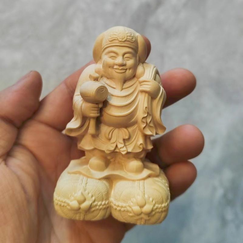 置物 柘植 黄楊木 大黒天 財神 福の神 木彫り 彫像 無垢材 木製 工芸品 高さ8cm 卓上 デスクトップ オブジェ インテリア 縁起物 開運 ラッキーアイテム 精巧 飾り アジアンテイスト