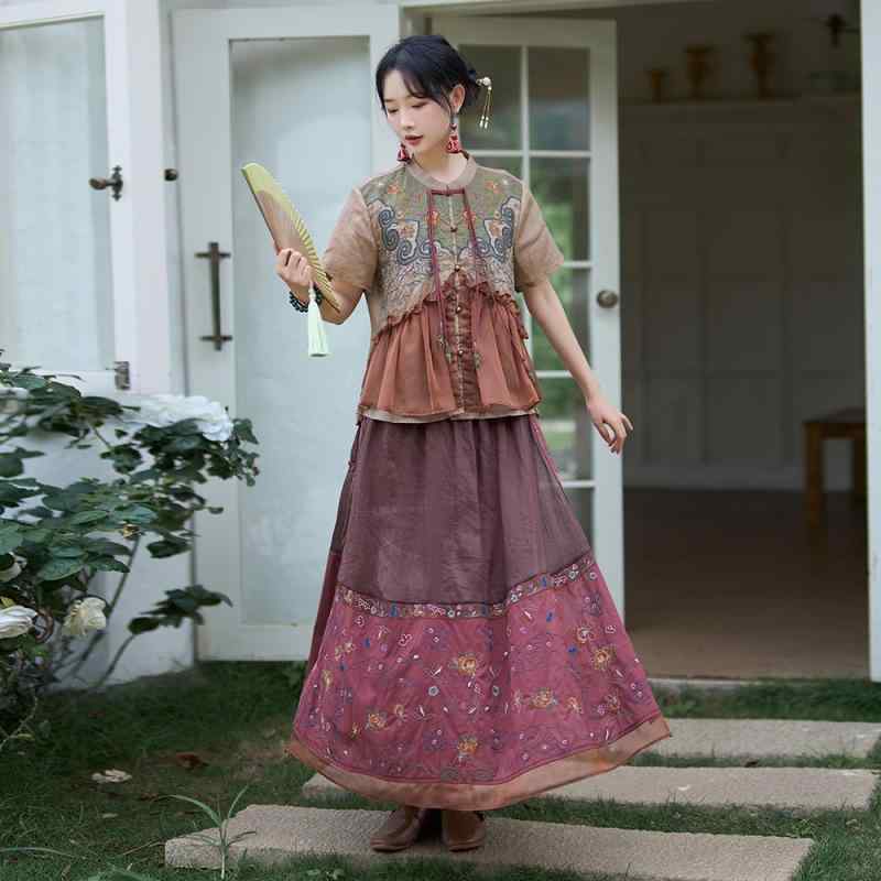 ブラウス レディース 民族風 中華風 刺繍 花柄 純麻 リネン ショート丈 半袖 スタンドカラー 立ち襟 春夏 羽織り トップス レトロ エスニック ライトカーキ グリーン カジュアル