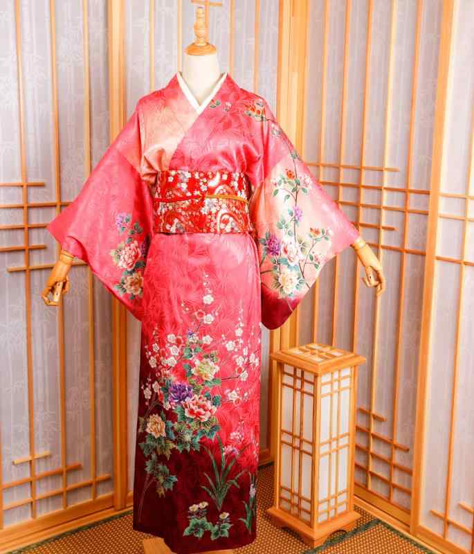 着物 レディース お上さん用 秋冬 短い訪問着 フォーマル お呼ばれ 寄り合い 正絹風 ポリエステル 裏地付き添い人 うつり変わり 花柄 着付け飾り気の無い 赤いこと その他-レディースファッション