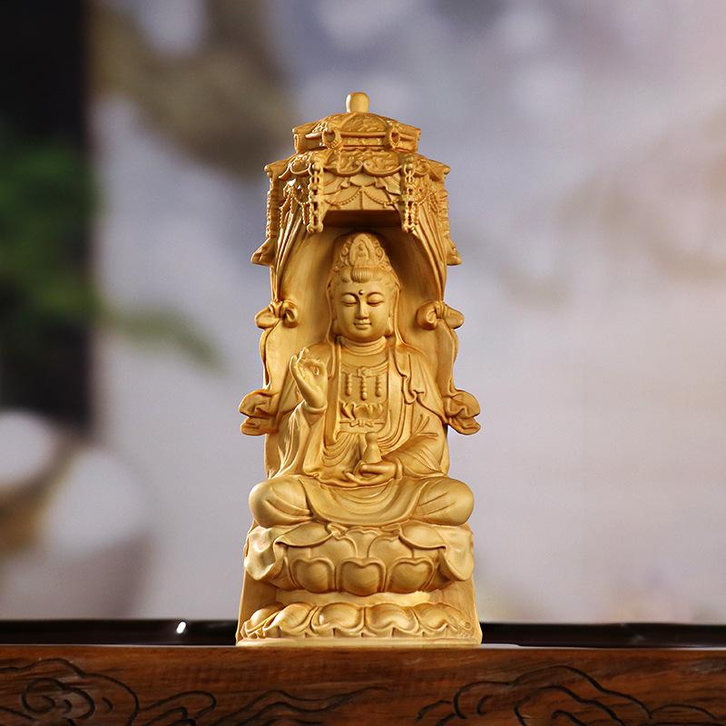 仏像 観音菩薩像 黄楊木彫刻 つげの木 新中華風 木製 置物 オブジェ リビング 居間 仏間 仏壇用 供養台 インテリア 装飾 工芸品 7,296円