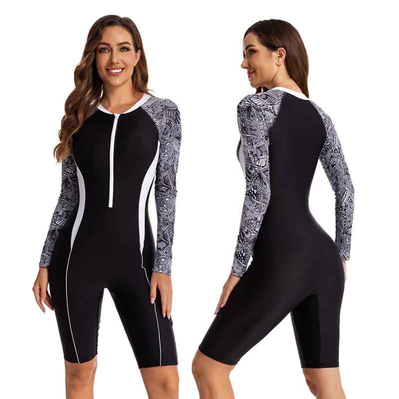 スイムウェア 女性用 長袖 連体 オールインワン 速乾 撥水 高伸縮性 耐久性 胸パッド付き ノンワイヤー 体型カバー UVカット サーフィン ダイビング マリンスポーツ ビーチ プール フィットネス ナイロン プリント ブラック