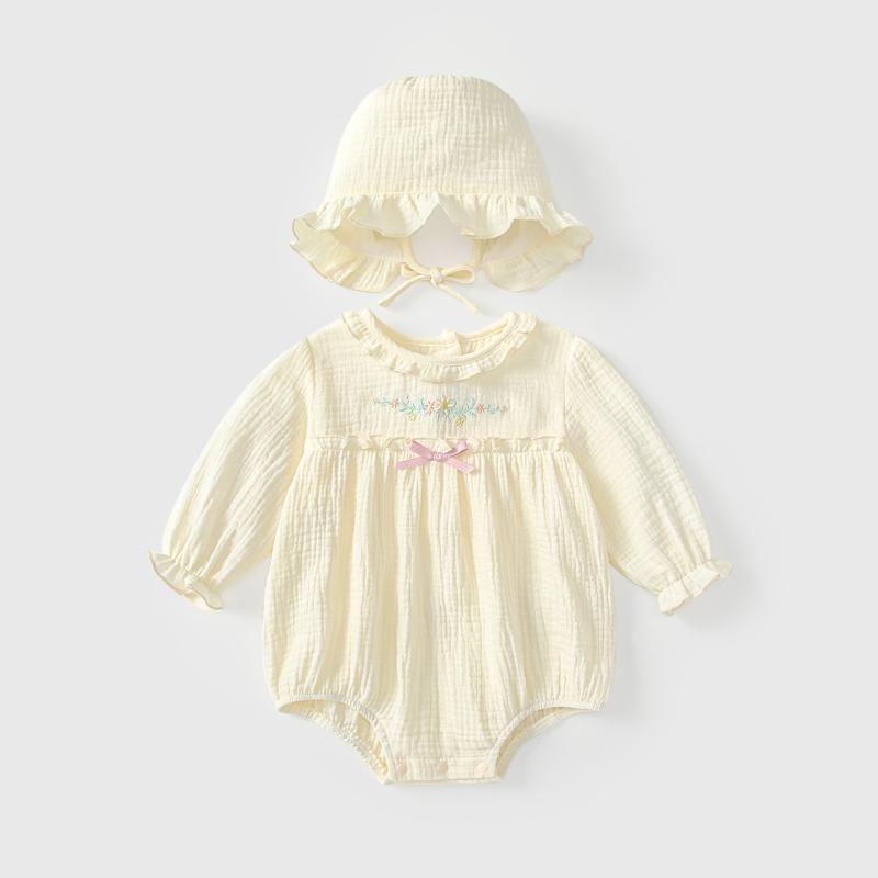 カバーオール 女の子 新生児 ベビー 純綿 ダブルガーゼ ロンパース 連体服 春秋 長袖 取り外し可能フード スナップボタン プリンセス 杏色 刺・墸