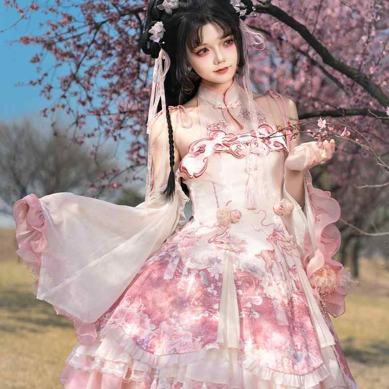 ワンピース レディース ロリータ ロリィタ 中華風 かわいい ピンク ジャンパースカート JSK ホルターネック ノースリーブ フリル リボン レースアップ プリンセスライン Aライン ミディ丈 ポリエステル 春夏 ドレス お出かけ デート ガーリー 姫