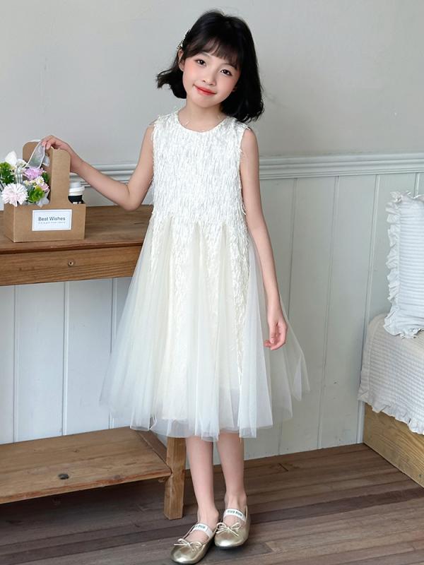 ワンピース 女児 キッズ 子供用 ジュニア 夏 サマー ノースリーブ キャミソール チュール メッシュ プリンセスドレス ふんわり 無地 柔らかな肌触り 韓国風 かわいい おしゃれ お出かけ アプリコット ベージュ系