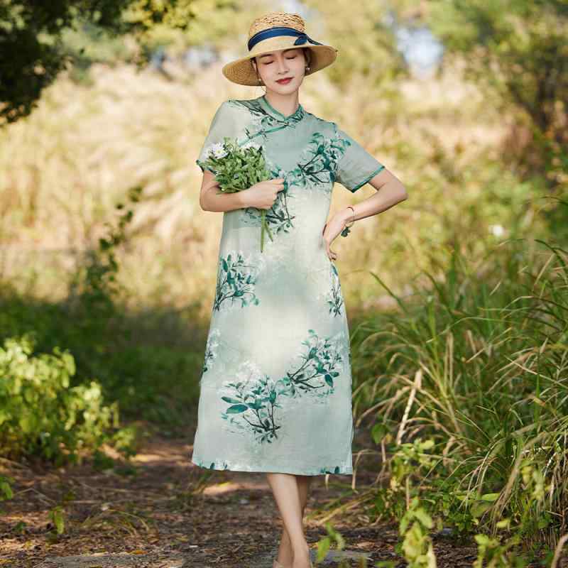 瀬戸もの御召しもの 組み換える 苧麻 カラムシ 麻 刷り上げる 花柄 瀬戸もの風 オリエンタル 飾りつけ名取り草 照明ランプ色つや 半袖 姿勢細長い切口 ロング丈 I伝達ルート 春夏 お出かけ