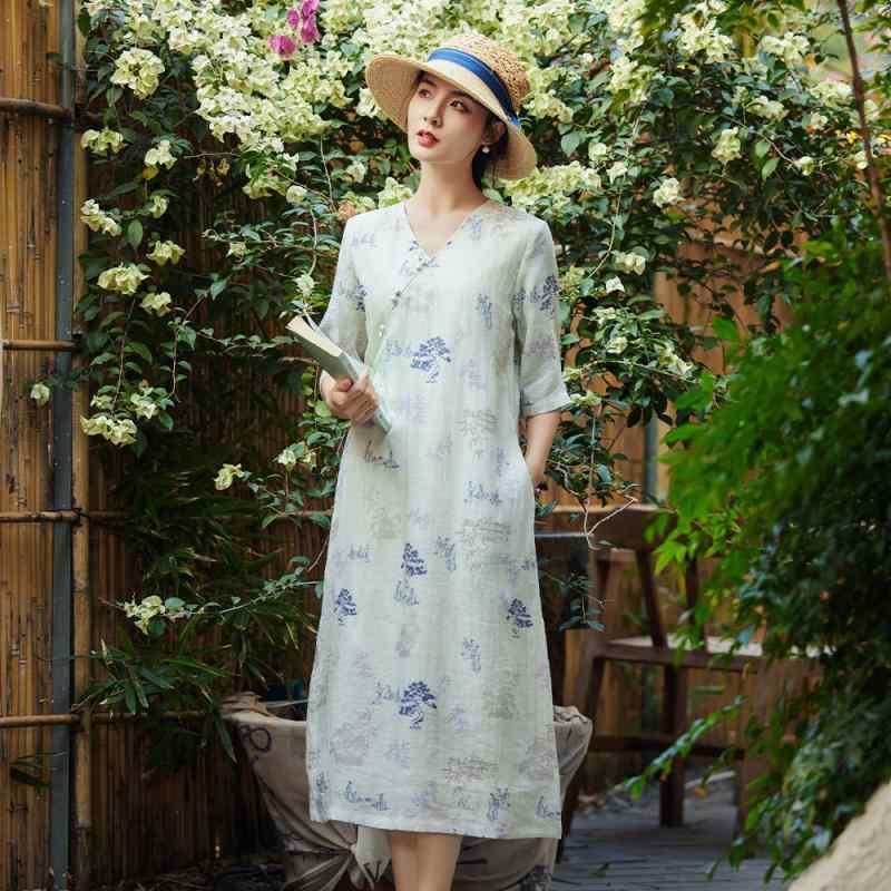 衣装 レディース 春夏 カラムシ 麻 中国風 レトロ 自然的 A伝達ルート V素っ首 midi丈 5分袖 刷り上げる柄 茶の葉会 普段使い走り ゆったり 体型覆いかぶせる